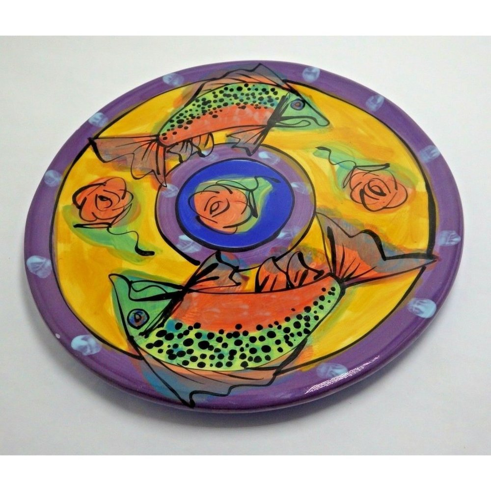 Handmade Ceramic Purple Orange Fish Serving Round Platter Chop Plate